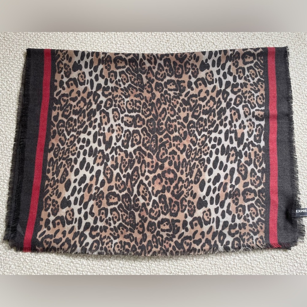 Express | Leopard Print Scarf | Red Stripe Border | Frayed Edges